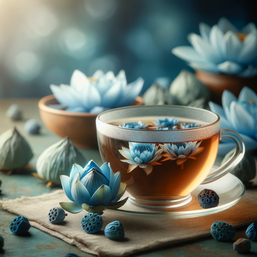 Eine Tasse blauer Lotus Tee auf einem Holztisch, umgeben von getrockneten Blauen Lotusblüten, symbolisiert Entspannung und Ruhe