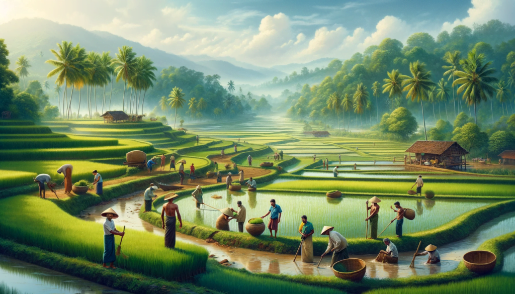Bauern arbeiten gemeinsam in den grünen Reisfeldern Sri Lankas, umgeben von traditionellen Bewässerungssystemen.