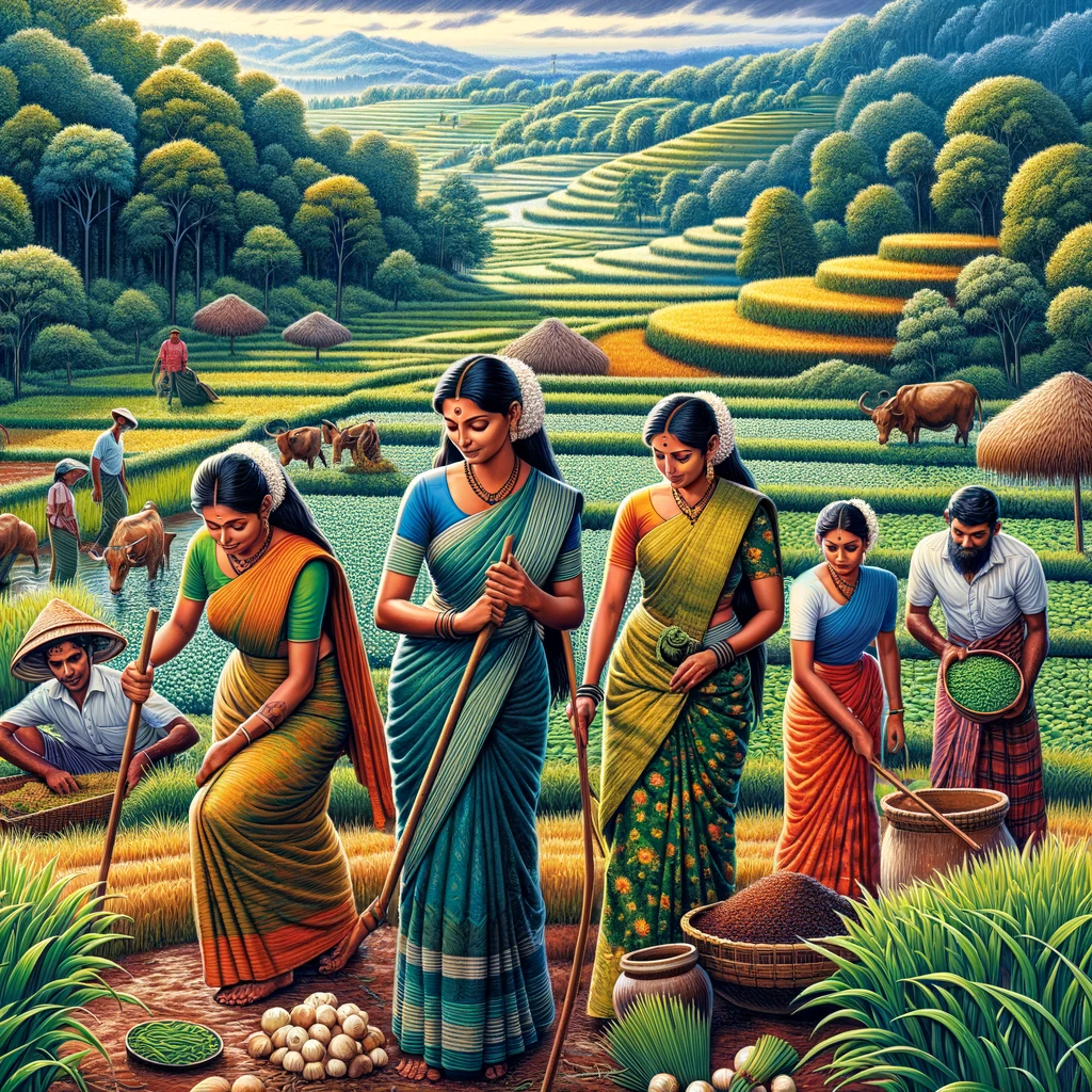 Sri-lankische Bäuerinnen bei der landwirtschaftlichen Arbeit in einem grünen Feld, gekleidet in traditioneller Kleidung