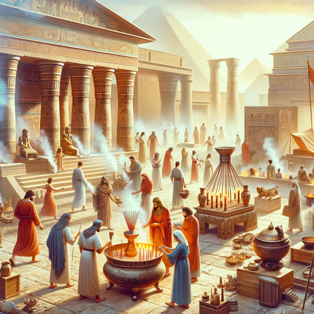 Antike ägyptische Räucherzeremonie mit Tempel und Räucherwerk