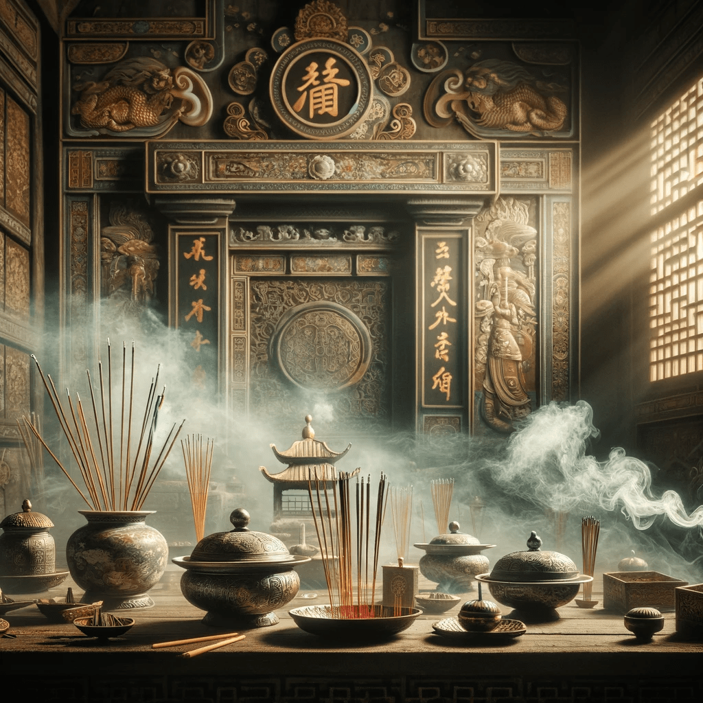 Asiatische Räucherzeremonie mit Räucherstäbchen und Tempelraum
