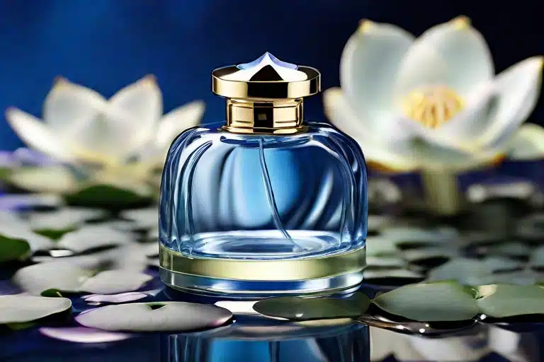 Blauer Lotus Öl: Ein zartes Fläschchen des blauen Lotusöls, dessen friedliche Schönheit die Aufmerksamkeit auf sich zieht: Die Farbe erscheint so ruhig wie ruhige Gewässer, während die glatte Glasoberfläche einen sanften Glanz reflektiert.